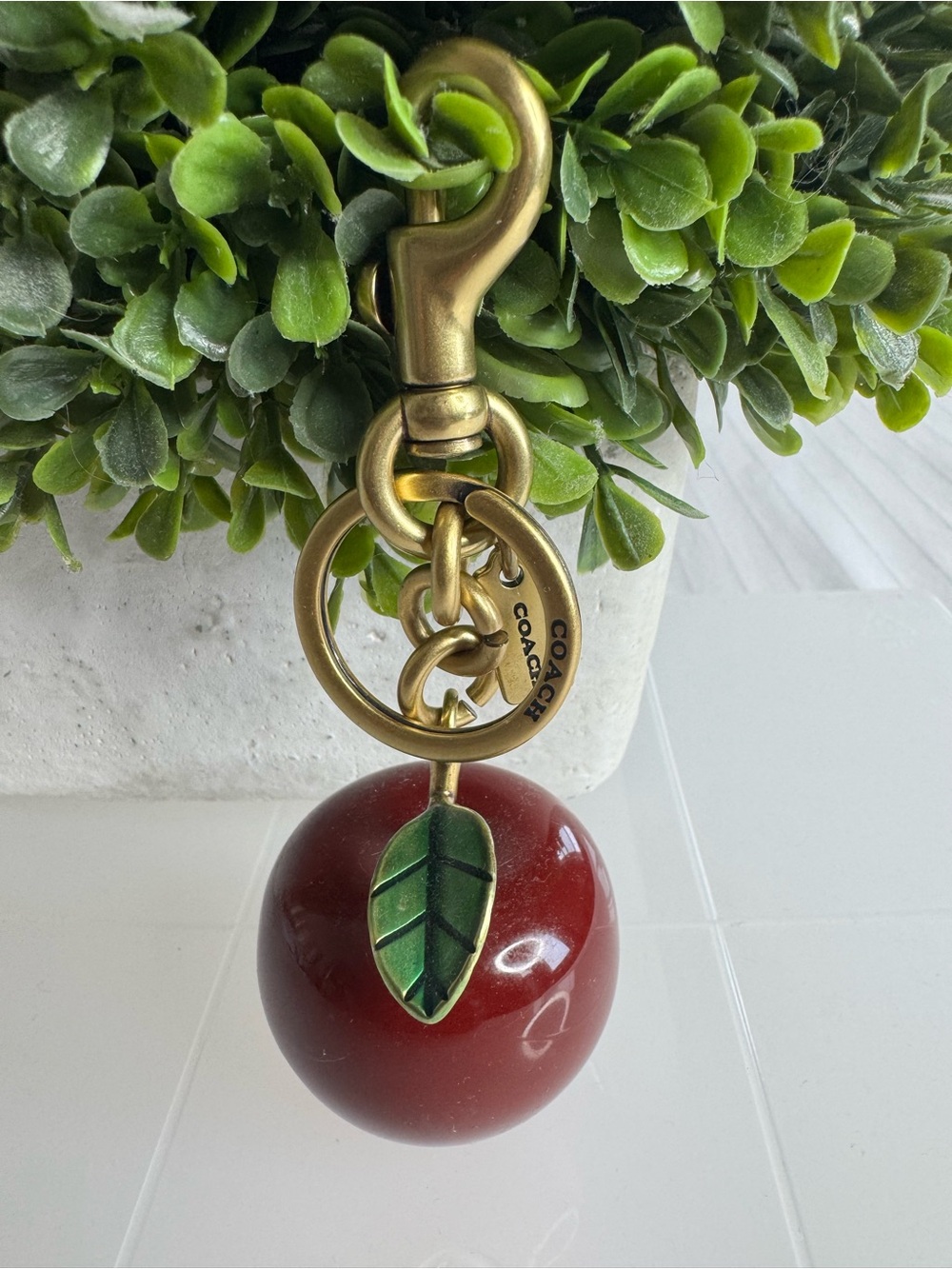 Coach Red Apple Bag Charm with Green Leaf and Brass Hardware